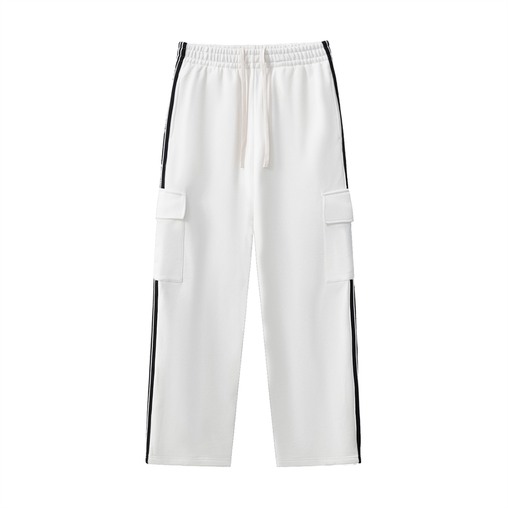 Side Stripe White Straight-Leg Pants