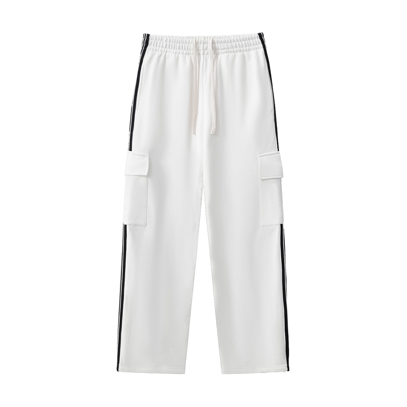 Side Stripe White Straight-Leg Pants